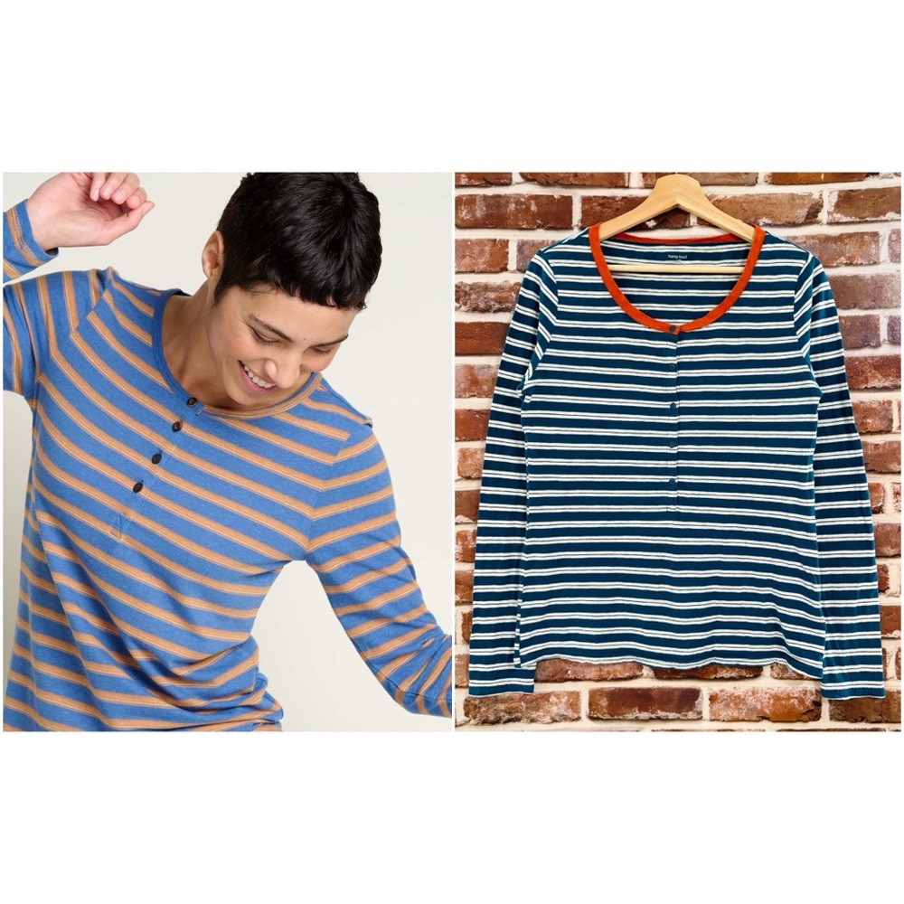 Toad & Co (Horny Toad) Stripe Out Henley, Blue & White Stripes w/ Orange Trim, M